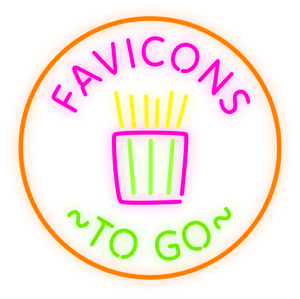 A glowing neon sign with fries in the middle that says Favicons to go